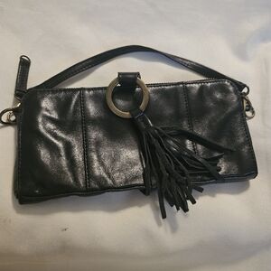 latico Black Leather Wristlet Clutch with Tassel and Gold Ring Accent